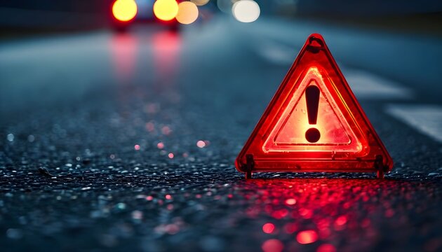 Caution sign on wet road at night with car lights in background