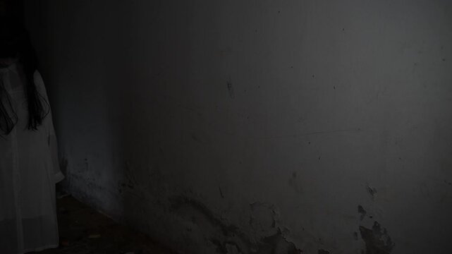 Ghostly woman in white stands in a dark abandoned corridor. Concept of horror, fear, supernatural mystery, haunted place, nightmare, paranormal activity, and scary atmosphere.