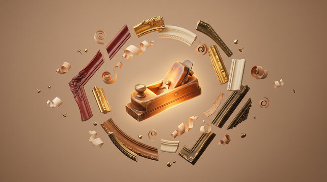 wooden block plane surrounded by floating ornate picture frame corners, moldings, and wood shavings against a warm brown gradient background.