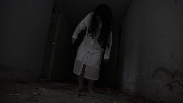 Ghostly woman in white stands in a dark abandoned corridor. Concept of horror, fear, supernatural mystery, haunted place, nightmare, paranormal activity, and scary atmosphere.