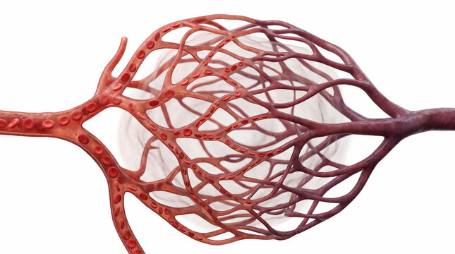 3D illustration of human capillary network connecting artery and vein