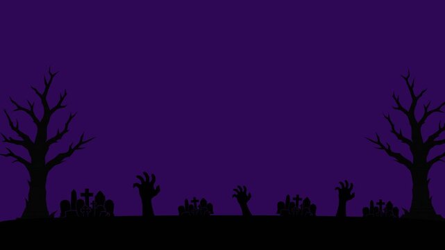 Animated zombie hands rising in graveyard silhouette against purple night sky