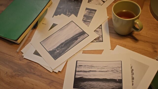 Black and white printed photographs lying on wooden desk next to tea mug and notebook. Footage is ideal for photography courses, creative portfolio showcases, or artistic lifestyle branding