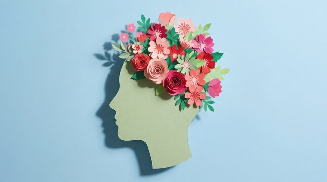Profile of a human head silhouette with paper flowers on blue background