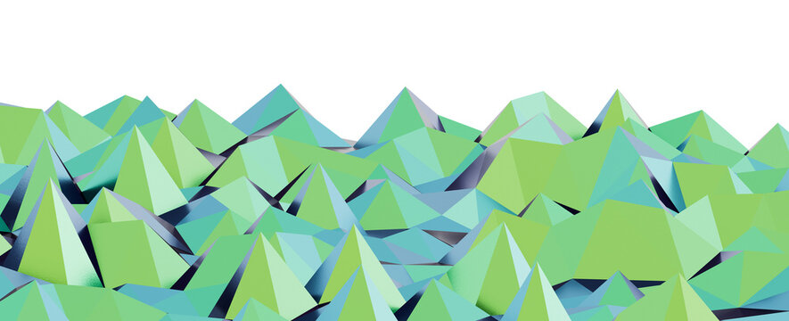An abstract geometric landscape with low poly mountains in shades of green and blue.