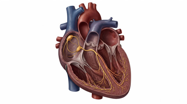 Medical Illustration of the Human Heart Conduction System Showing Internal Structures