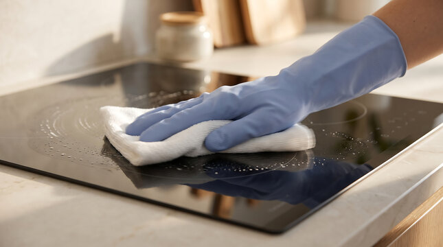 Person Cleaning Kitchen Stove with Protective Gloves and Microfiber Cloth, Representing Household Cleaning, Hygiene, Domestic Work, Home Care, Safety, Chores and Everyday Life