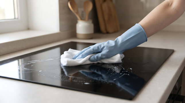 Person in blue protective gloves cleaning black induction stove with white cloth wipe representing household chores daily kitchen maintenance and professional housekeeping.