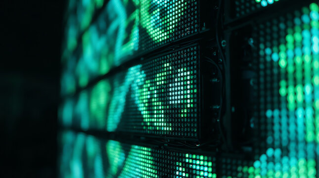 Glowing green digital pixels form abstract patterns on a dark screen display.