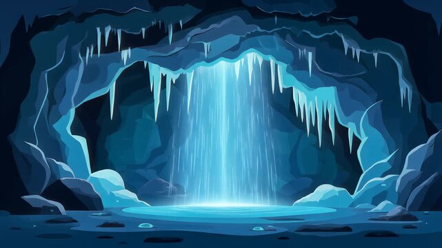 Magical Glowing Waterfall Inside An Ice Cave Illustration