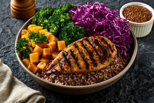 Grilled chicken breast with buckwheat, broccoli, roasted pumpkin, and red cabbage in a bowl