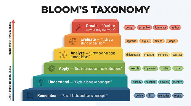 Bloom taxonomy staircase graphic displaying progressive stages of cognitive development and higher order thinking skills from memory to creation for classroom posters.