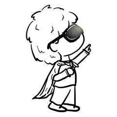 Little boy in superhero cloak pointing upwards cartoon outline illustration