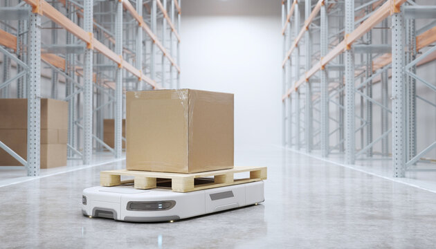 空き棚の倉庫を走る無人搬送ロボット 在庫搬送の自動化