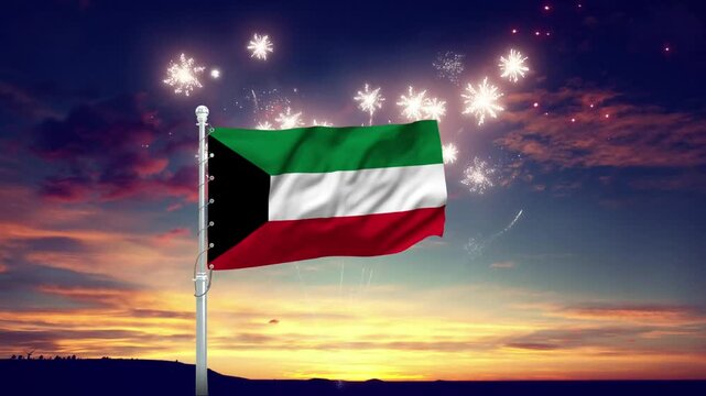 Kuwait flag waving majestically with vibrant fireworks celebration footage