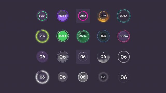 Sale expiration deadlines animated countdown set on dark background. Purchase reservation timers circle progress bars isolated. Remaining time animation. Modern UI collection. HD video