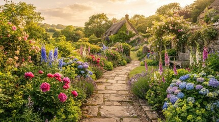 Obraz premium A picturesque stone pathway winds through a vibrant garden, leading to a charming thatched cottage.