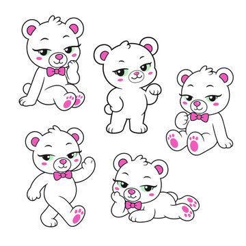 Teddy Bear Mascot Character Collection with Five Cute Poses, Cartoon Bear Vector Set for Branding, Packaging and Merchandise Design