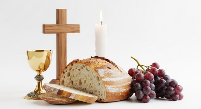 A white background displays a chalice, a wooden cross, a loaf of bread, grapes, and a slice of bread. A lit candle sits beside the bread and grapes.