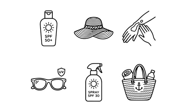 Sun Protection and Beach Skincare Icon Set Vector