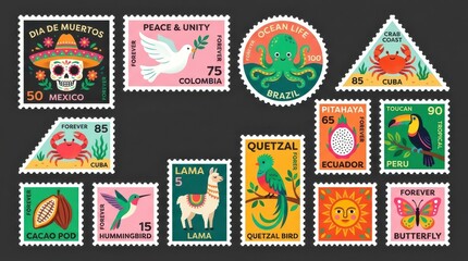 Fototapeta premium Collection of Colorful Illustrated Postage Stamps Featuring Latin American Culture, Animals, and Nature Themes