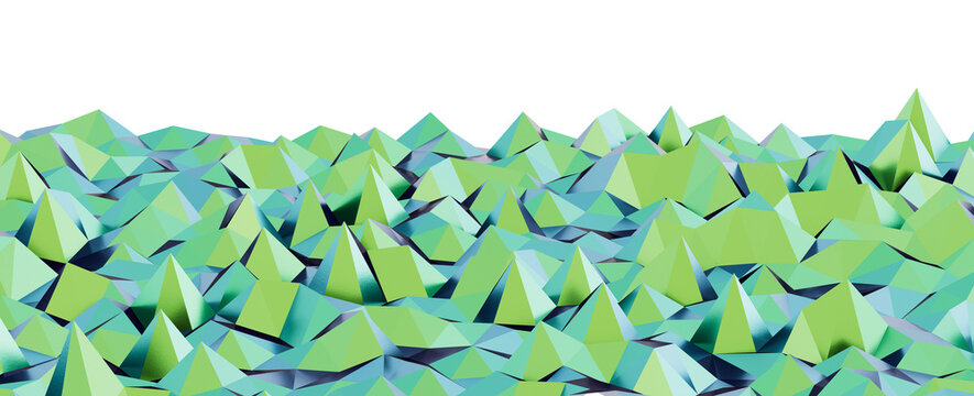 Abstract digital art with geometric low poly landscape, vibrant green and blue tones.