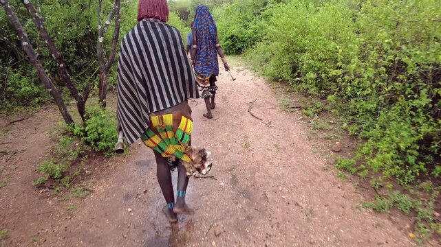Hamer tribe women walk down a dry riverbed with bells on their legs in the Omo Valley of Ethiopia.