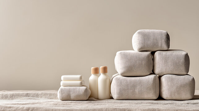 Cosmetic Bottles on Stacked Stone Podiums Neutral Product Display