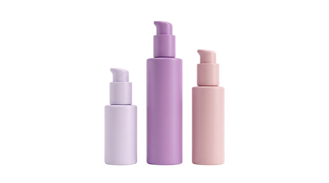Pastel purple cosmetic pump bottles, matte skincare packaging set, three plastic dispenser containers for beauty products on white