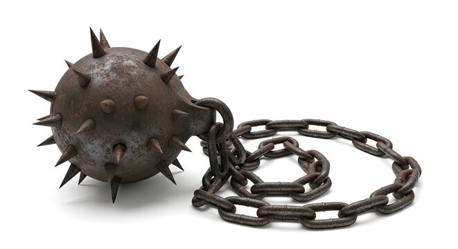 A rusted ballista projectile with sharp spikes is attached to a heavy chain. The ballista sits on a white surface.
