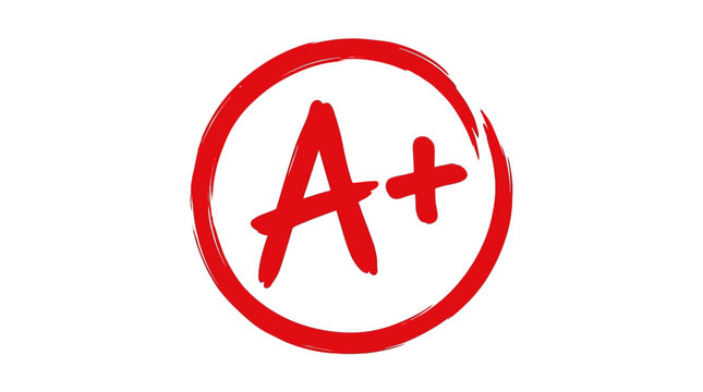 Hand drawn red grade A plus symbol encircled by a textured circle on white paper