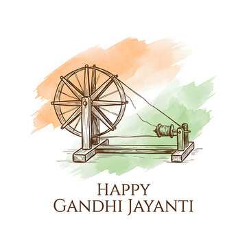 Gandhi Jayanti greeting card with spinning wheel sketch and Indian flag colors background