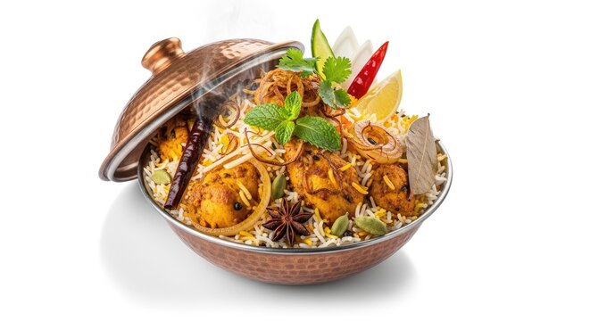 A close-up shot of a steaming Biryani dish presented in a copper pot. The Biryani is topped with a copper dome, garnished with fresh mint leaves, red chili peppers, and star anise.