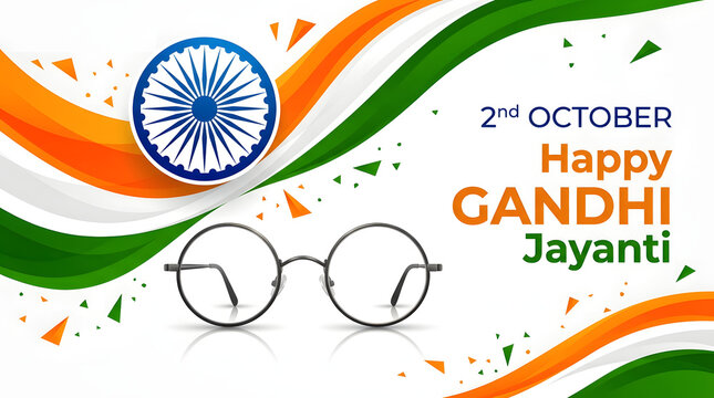 Gandhi Jayanti celebration banner with Indian flag colors and iconic round spectacles.