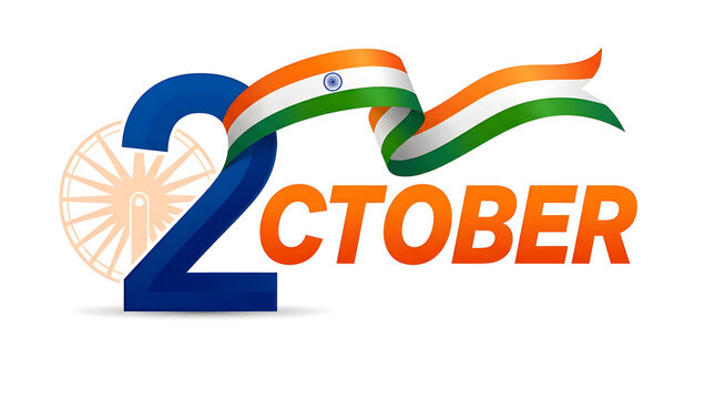 Gandhi Jayanti 2 October typography with Indian flag ribbon and Ashoka Chakra design