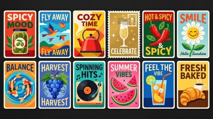 Fototapeta premium Collection of Vintage Retro Style Posters and Labels with Various Themes like Food, Nature, and Lifestyle Illustrations