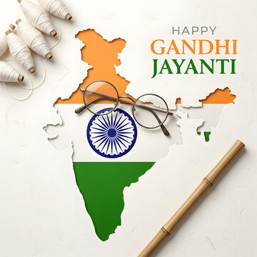 Happy Gandhi Jayanti greeting with Indian map, spectacles, and spinning wheel thread.