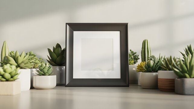 Empty square black picture frame mockup surrounded by various succulents and cacti in pots on a table