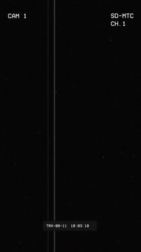 VHS overlay featuring analog artifacts, timecode display, and camera specifications text box on black background 4k video