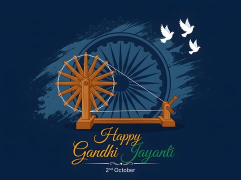 Gandhi Jayanti greeting card design with spinning wheel and Ashoka Chakra illustration.
