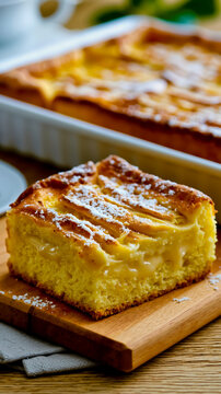 A piece of cake sitting on top of a wooden cutting board