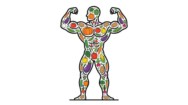 Muscular male silhouette formed by colorful healthy vegetables promoting fitness lifestyle and organic plant nutrition