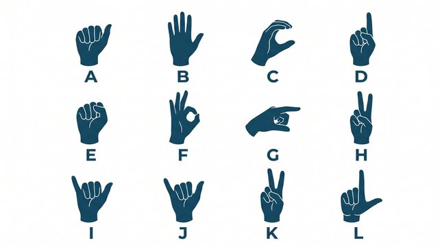 12 Hand Gesture Icons, American Sign Language ASL Alphabet, Blue Vector Silhouettes, Hand Signs, Fingers, Letters A B C D E F G H I J K L