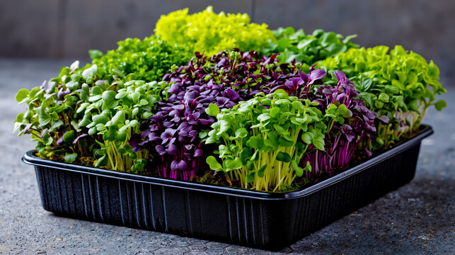 A tray filled with different types of microgreens on a table