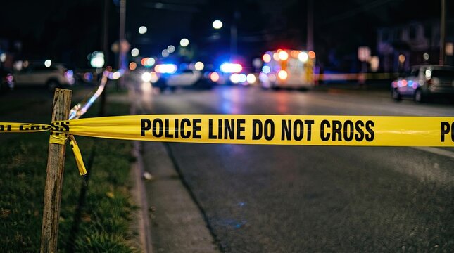 Police officers have cordoned off a street with yellow tape reading "POLICE LINE DO NOT CROSS". Emergency vehicles are parked nearby, their lights illuminating the scene.