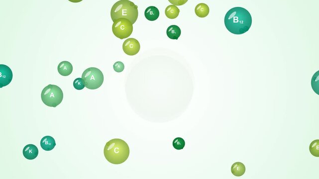 Clean light green background with orbiting 3D vitamin spheres. This seamless matcha detox motion graphic loop is perfect for natural health, nutrition, and wellness video designs.