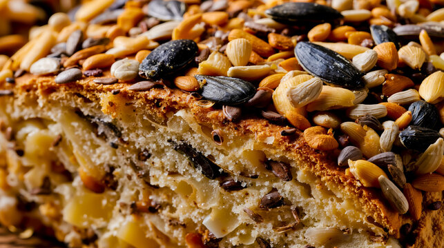 A close up of a piece of bread with nuts and seeds on it