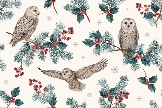Winter holiday seamless pattern with snowy owls, pine branches, red berries, and snowflakes on a light cream background, for festive textiles