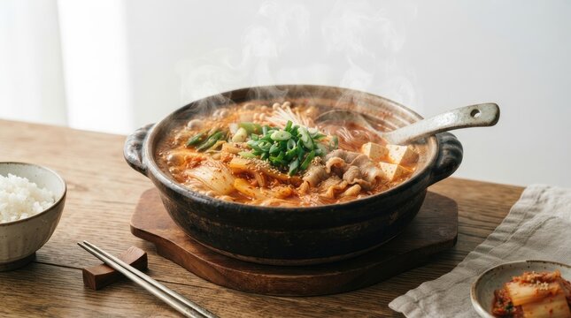 A steaming hot Korean stone pot dish is presented on a wooden table.