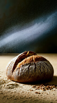 A loaf of bread sitting on top of a table covered in flour